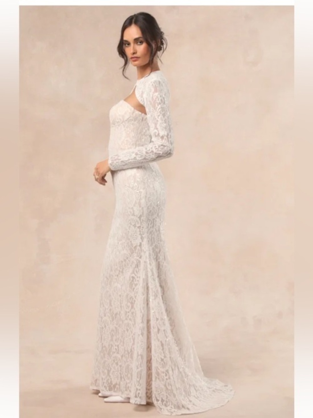NWT Lulus Neska White and Beige Lace Maxi Dress and Shrug Set